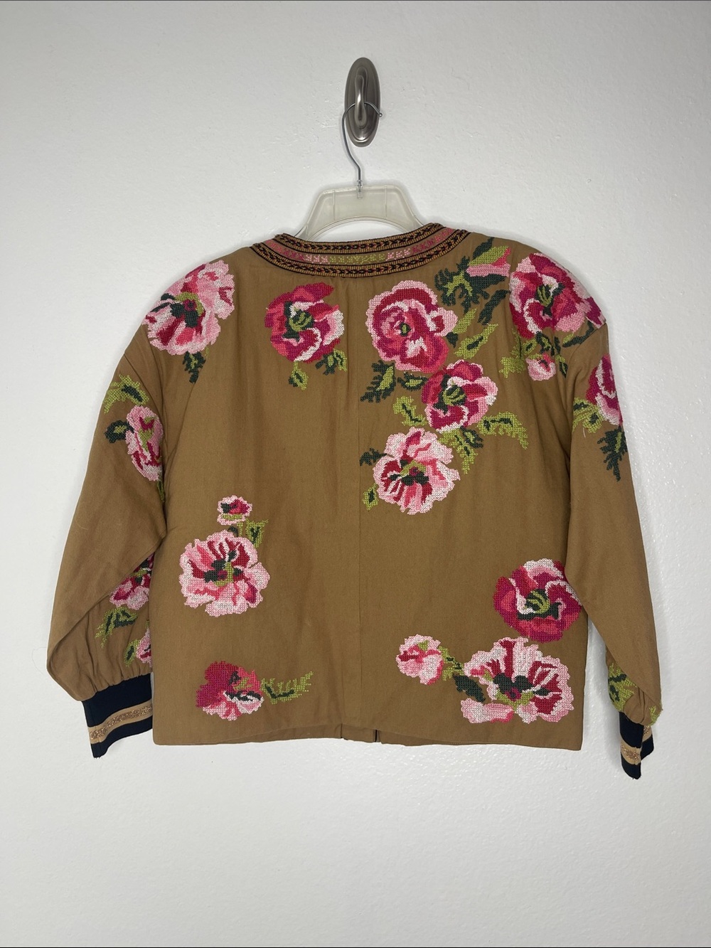 Anthropologie Needlepoint Bomber Jacket with Pink Flowers Size Small - Picture 5 of 7